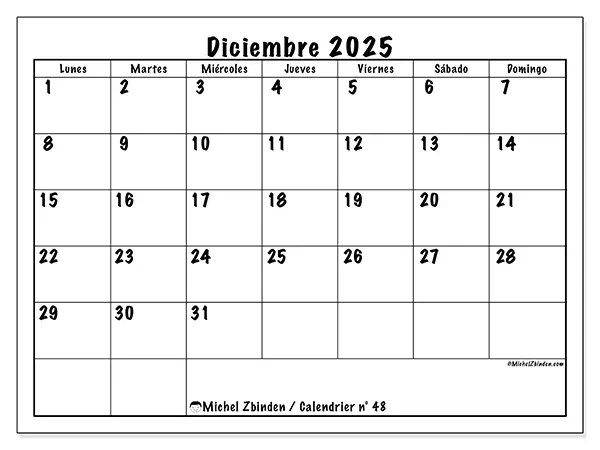 Calendario n° 48 para imprimir gratis, diciembre 2025. Semana:  De lunes a domingo