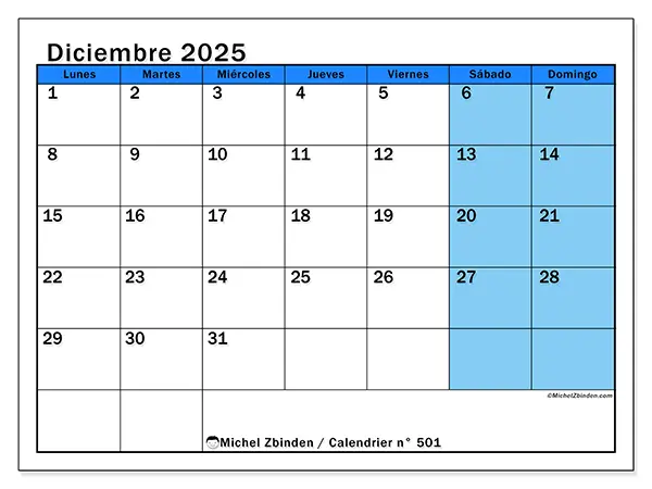 Calendario n° 501 para imprimir gratis, diciembre 2025. Semana:  De lunes a domingo