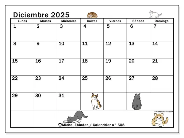 Calendario n.° 505 para imprimir gratis, diciembre 2025. Semana:  De lunes a domingo