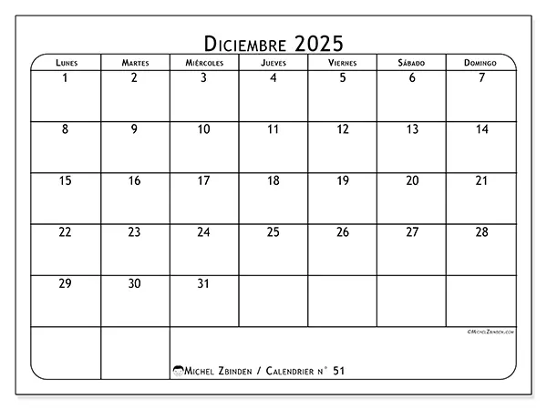 Calendario n.° 51 para imprimir gratis, diciembre 2025. Semana:  De lunes a domingo
