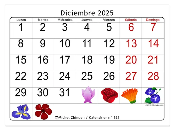 Calendario n.° 621 para imprimir gratis, diciembre 2025. Semana:  De lunes a domingo