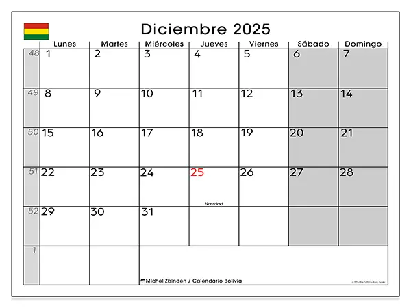 Calendario de Bolivia para imprimir gratis, diciembre 2025. Semana:  De lunes a domingo