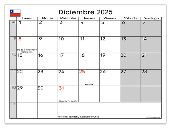 Calendario de Chile para imprimir gratis, diciembre 2025. Semana:  De lunes a domingo