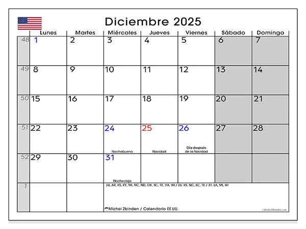 Calendario de Estados Unidos para imprimir gratis, diciembre 2025. Semana:  De lunes a domingo
