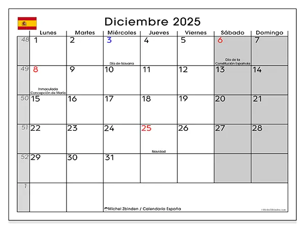 Calendario de España para imprimir gratis, diciembre 2025. Semana:  De lunes a domingo