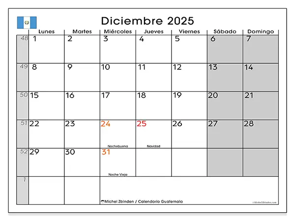 Calendario de Guatemala para imprimir gratis, diciembre 2025. Semana:  De lunes a domingo
