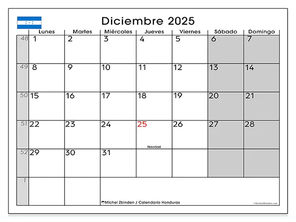 Calendario de Honduras para imprimir gratis, diciembre 2025. Semana:  De lunes a domingo