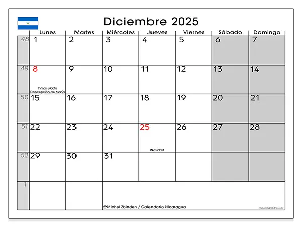 Calendario de Nicaragua para imprimir gratis, diciembre 2025. Semana:  De lunes a domingo