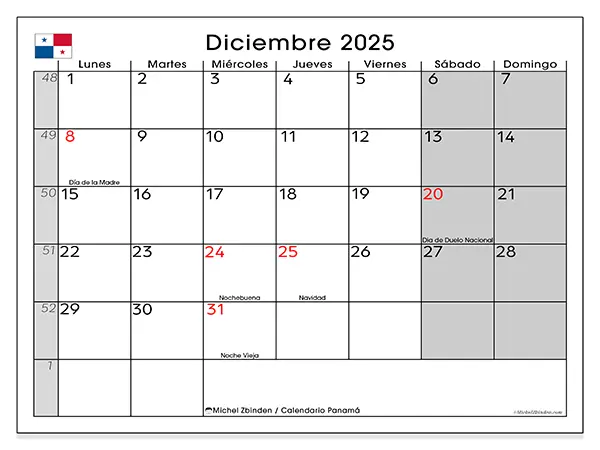 Calendario de Panamá para imprimir gratis, diciembre 2025. Semana:  De lunes a domingo
