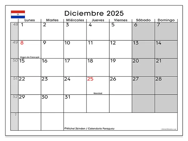 Calendario de Paraguay para imprimir gratis, diciembre 2025. Semana:  De lunes a domingo