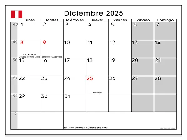 Calendario de Perú para imprimir gratis, diciembre 2025. Semana:  De lunes a domingo