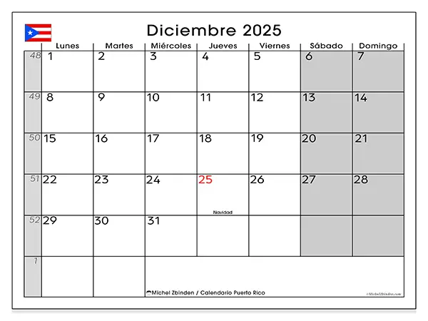 Calendario de Puerto Rico para imprimir gratis, diciembre 2025. Semana:  De lunes a domingo