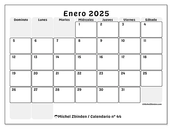 Calendario n.° 44 para enero de 2025 para imprimir gratis. Semana: De domingo a sábado.