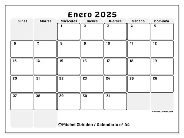 Calendario n.° 44 para enero de 2025 para imprimir gratis. Semana: De lunes a domingo.