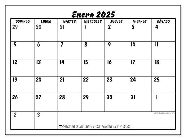Calendario n.° 450 para enero de 2025 para imprimir gratis. Semana: De domingo a sábado.