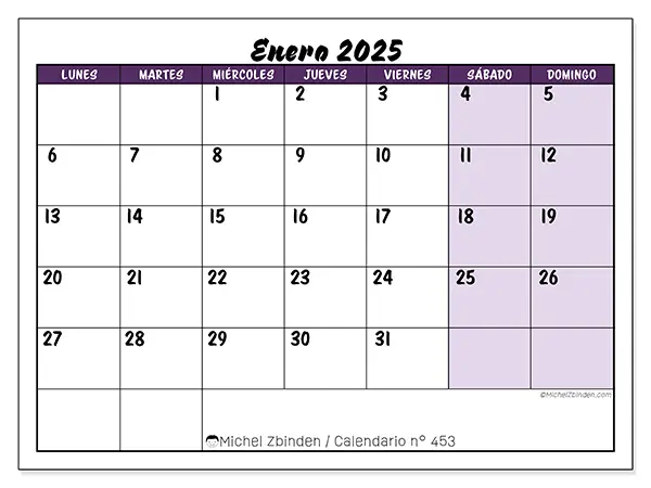 Calendario para imprimir n° 453, enero de 2025