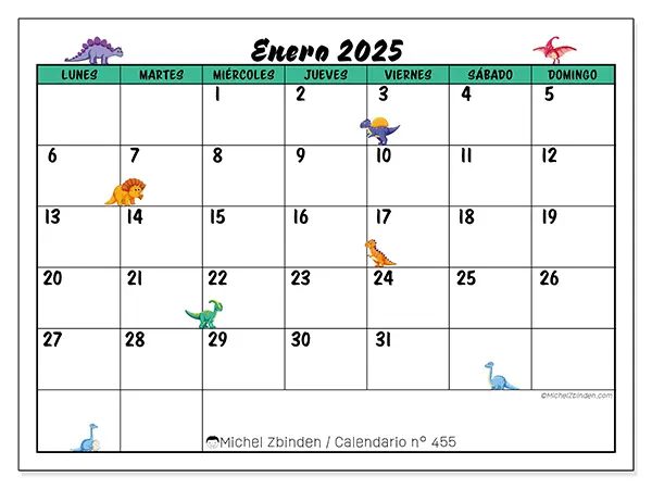 Calendario para imprimir n° 455, enero de 2025