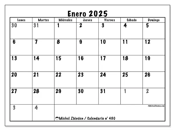 Calendario n.° 480 para enero de 2025 para imprimir gratis. Semana: De lunes a domingo.