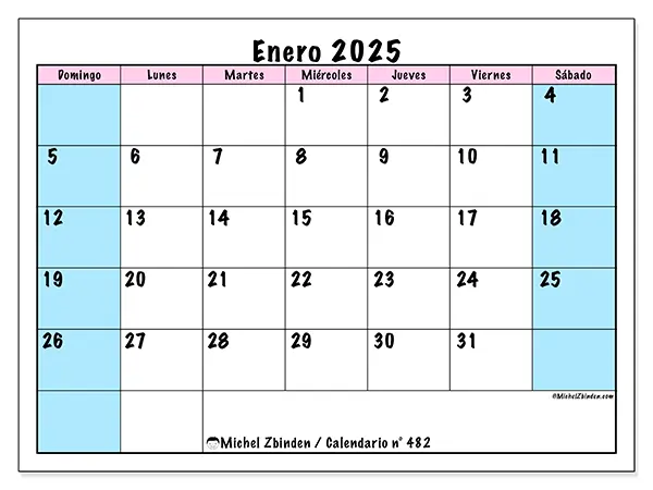 Calendario para imprimir n° 482, enero de 2025