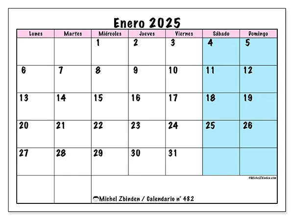 Calendario n.° 482 para enero de 2025 para imprimir gratis. Semana: De lunes a domingo.