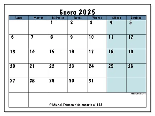 Calendario n.° 483 para enero de 2025 para imprimir gratis. Semana: De lunes a domingo.