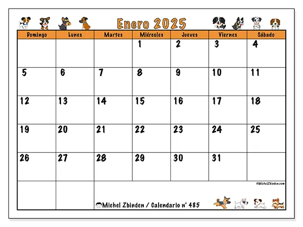Calendario n.° 485 para enero de 2025 para imprimir gratis. Semana: De domingo a sábado.