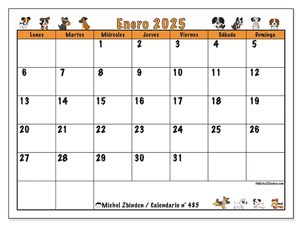 Calendario n.° 485 para enero de 2025 para imprimir gratis. Semana: De lunes a domingo.