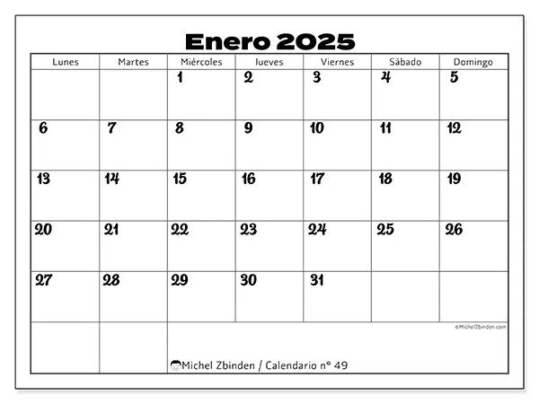 Calendario n.° 49 para enero de 2025 para imprimir gratis. Semana: De lunes a domingo.