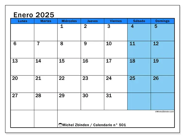 Calendario n.° 501 para enero de 2025 para imprimir gratis. Semana: De lunes a domingo.