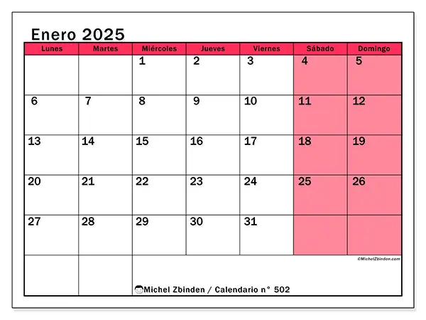 Calendario n.° 502 para enero de 2025 para imprimir gratis. Semana: De lunes a domingo.