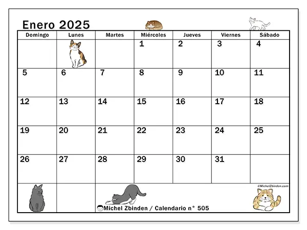 Calendario n.° 505 para enero de 2025 para imprimir gratis. Semana: De domingo a sábado.