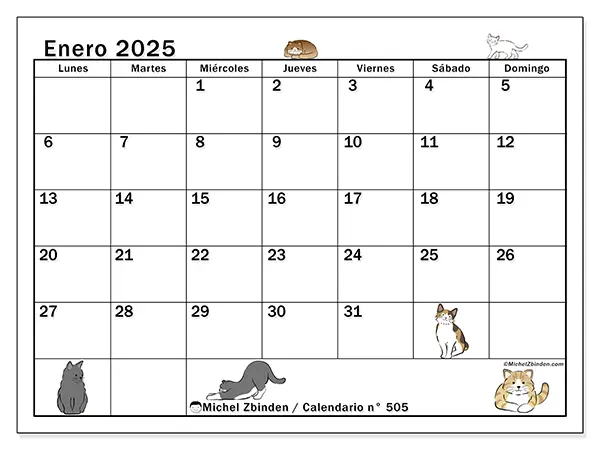Calendario n.° 505 para enero de 2025 para imprimir gratis. Semana: De lunes a domingo.
