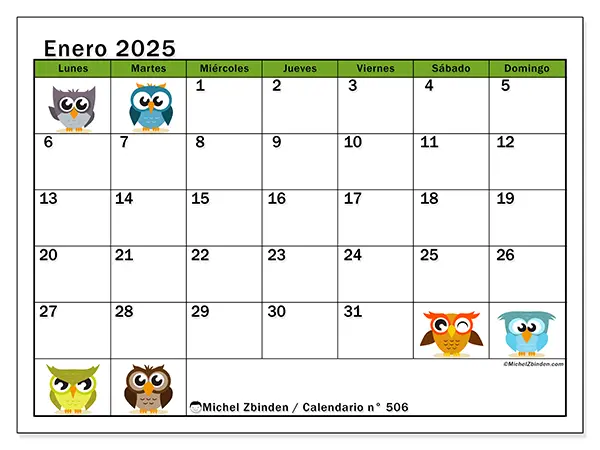 Calendario para imprimir n° 506, enero de 2025