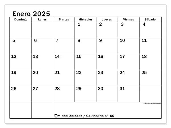 Calendario n.° 50 para enero de 2025 para imprimir gratis. Semana: De domingo a sábado.