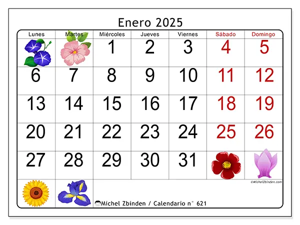Calendario para imprimir n° 621, enero de 2025