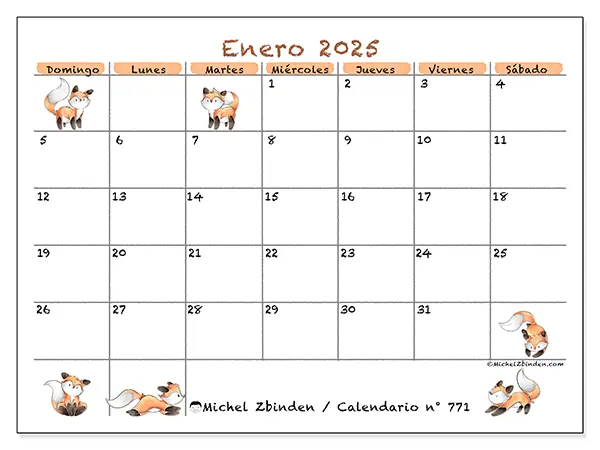 Calendario para imprimir n° 771, enero de 2025