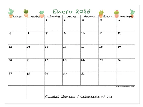 Calendario para imprimir n° 772, enero de 2025