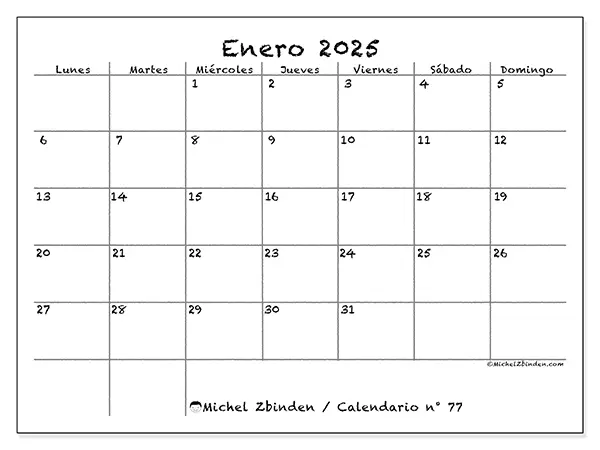 Calendario para imprimir n° 77, enero 2025