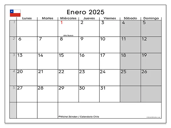 Calendario Chile para imprimir gratis de enero de 2025. Semana: De lunes a domingo.