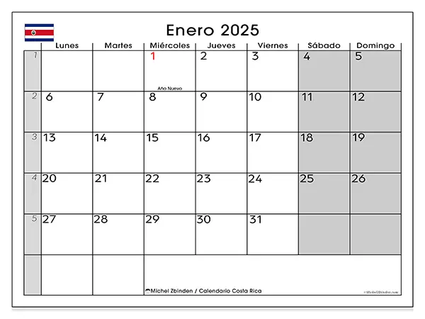 Calendario Costa Rica para imprimir gratis de enero de 2025. Semana: De lunes a domingo.