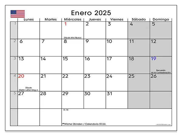 Calendario Estados Unidos para imprimir gratis de enero de 2025. Semana: De lunes a domingo.