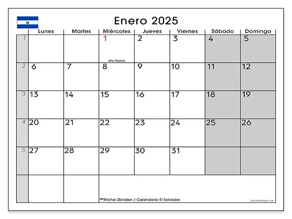 Calendario El Salvador para imprimir gratis de enero de 2025. Semana: De lunes a domingo.