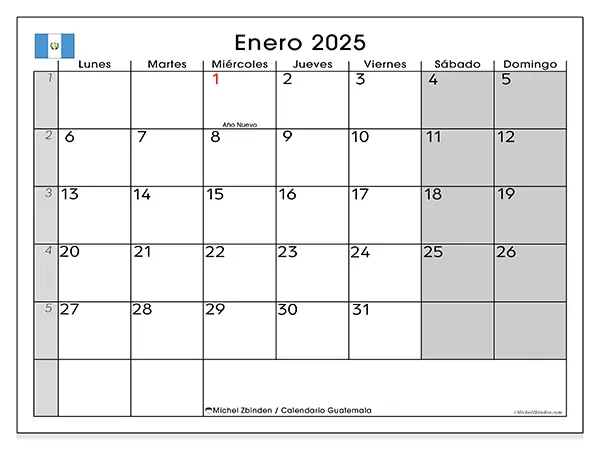 Calendario Guatemala para imprimir gratis de enero de 2025. Semana: De lunes a domingo.