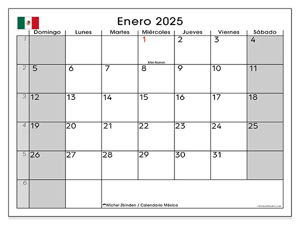 Calendario de México para imprimir gratis, enero 2025. Semana:  De domingo a sábado