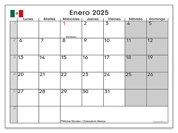 Calendario para imprimir gratis de México para enero de 2025. Semana : De lunes a domingo.