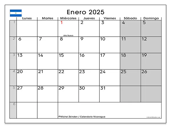 Calendario Nicaragua para imprimir gratis de enero de 2025. Semana: De lunes a domingo.