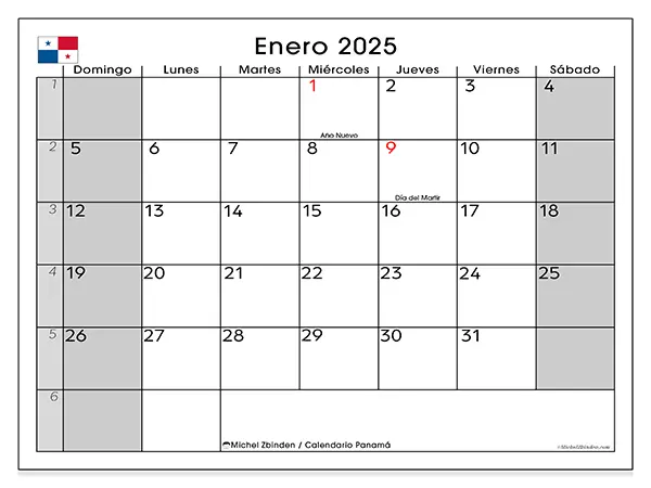 Calendario Panamá para imprimir gratis de enero de 2025. Semana: De domingo a sábado.