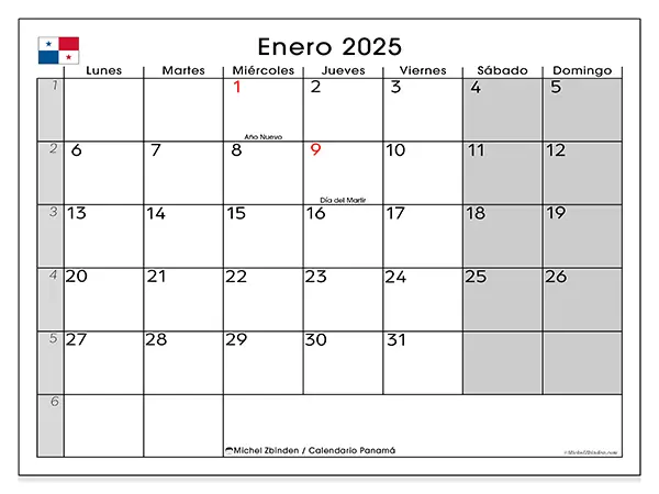Calendario Panamá para imprimir gratis de enero de 2025. Semana: De lunes a domingo.