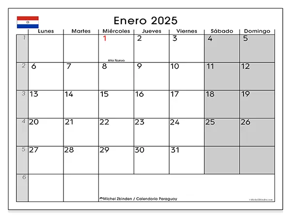 Calendario Paraguay para imprimir gratis de enero de 2025. Semana: De lunes a domingo.