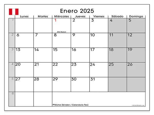 Calendario para imprimir gratis de Perú para enero de 2025. Semana : De lunes a domingo.